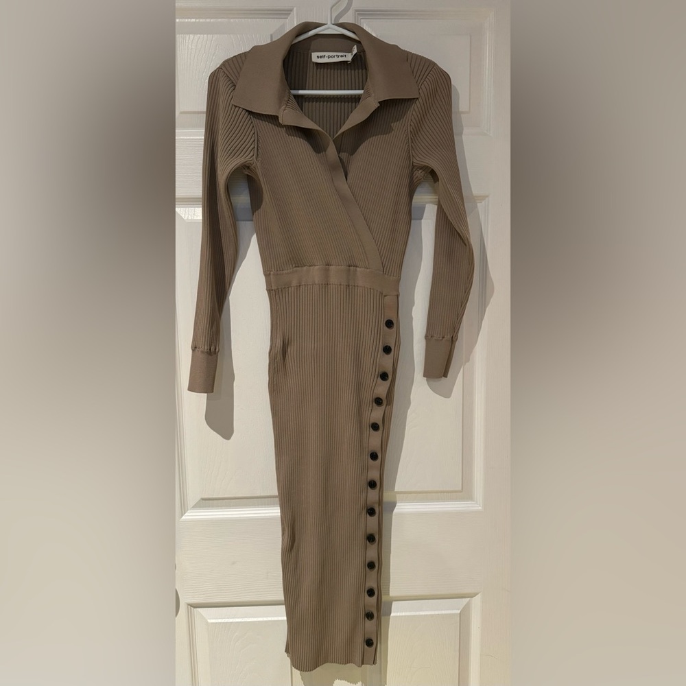 Self-Portrait Ribbed Maxi Dress in Taupe